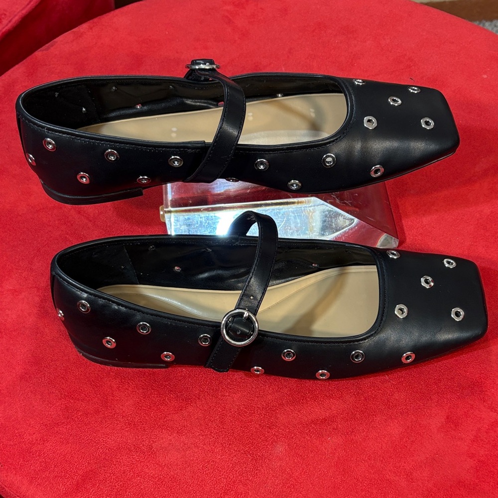 INC International Concepts Black Mary Jane Flats with Silver Grommet Accents - Picture 2 of 9